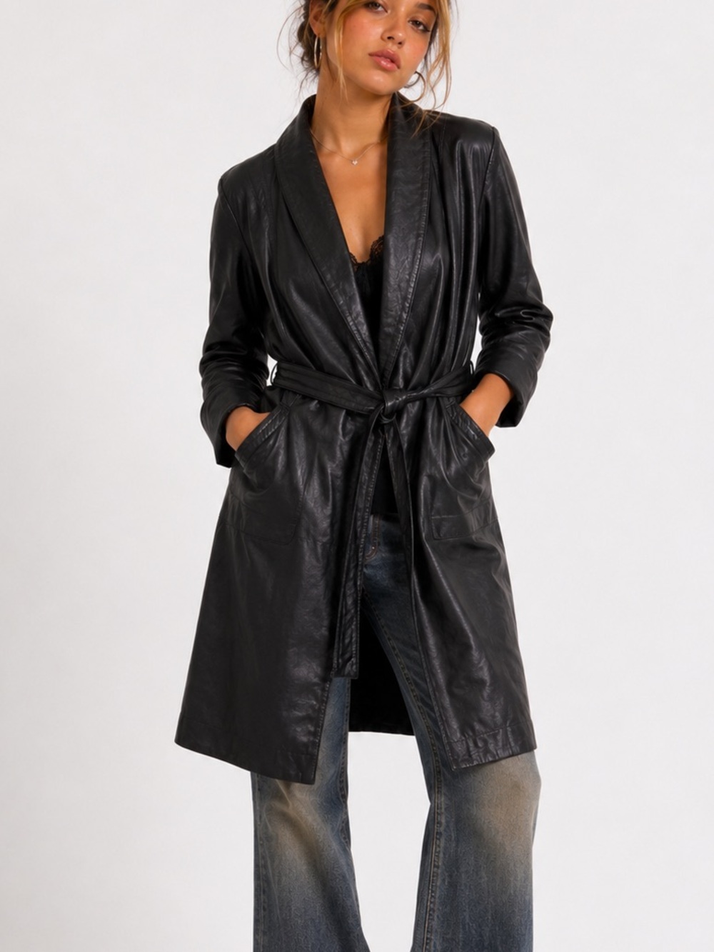 Vintage Wilsons Leather Black Belted Trench Coat Women M Y2K 90s - Picture 1 of 12